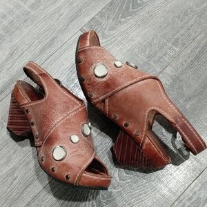 John Fluevog Brown Mules with Chunky Wooden Heel